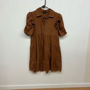 G&O Dress Brown Tiered Button-Front with Puff Sleeves size S